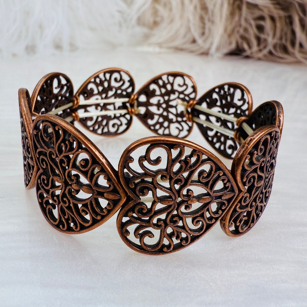 Copper tone Heart Filigree Stretch Bracelet - Picture 5 of 14
